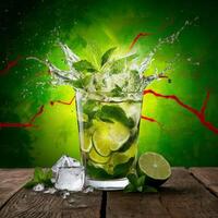 amazing mojito cocktail with beautiful background and pieces of ice photo