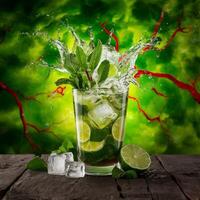 amazing mojito cocktail with beautiful background and pieces of ice photo