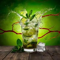 amazing mojito cocktail with beautiful background and pieces of ice photo