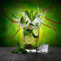 amazing mojito cocktail with beautiful background and pieces of ice photo