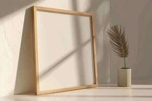 Vertical wooden frame mockup, boho style decorations, wooden shelf. photo