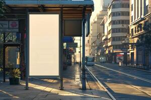 Blank vertical ad mockup in a bus terminal photo