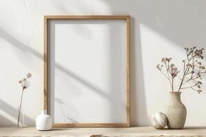 Vertical wooden frame mockup, boho style decorations, wooden shelf. photo