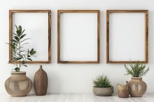 Vertical wooden frames mockup, boho style decorations, wooden shelf. photo