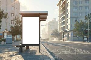 Blank vertical ad mockup in a bus terminal photo