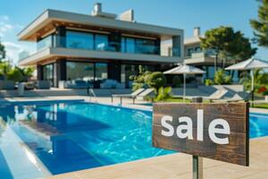 A sign that says Sale is on a wooden post next to a swimming pool photo