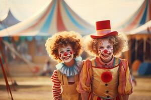 two children dressed as clowns are standing next to each other in front of a circus tent photo