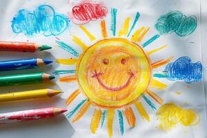 Drawing of a sun with coloured clouds of a small child, with coloured pencils photo