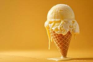Vanilla ice cream melting on yellow plain background photo