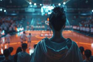 Photo of a girl watching a live basketball game