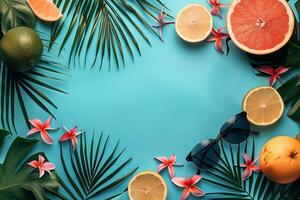 Citrus fruits with flowers and palm leaves photo