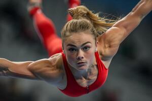 Woman in red outfit doing an effort in the pole vault photo