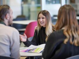 A female consultant is engaging in a conversation with a couple clients photo