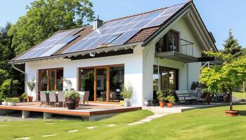 A modern, eco-friendly house with solar panels on the roof, located in a serene suburban area. The house has a clean, minimalist design with large windows and a spacious wooden deck. photo