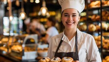 Smiling Female Baker Holding Fresh Pastries in a Busy Bakery photo