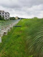 a grassy field with a fence and a building in the background photo