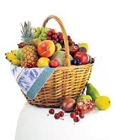 wicker basket filled with different types of fruits on white background photo