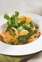 Asparagus risotto with pirarucu fish and fried cassava chips photo