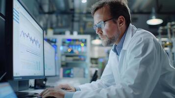 A scientist in a lab coat examines data on a computer screen with graphs and charts, surrounded by laboratory equipment in bright lighting. photo