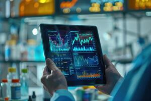 Close-up of a hand holding a tablet displaying clinical trial data with charts and graphs in a lab setting, cool tones. photo