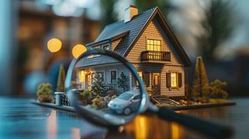 A magnified view of a house with a car and a person in the foreground photo
