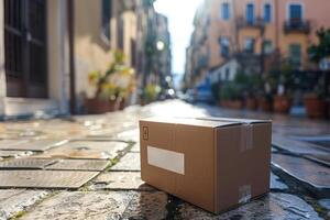 A cardboard box is sitting on a sidewalk photo