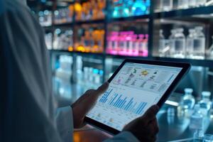 Close-up of a hand holding a tablet displaying clinical trial data with charts and graphs in a lab setting, cool tones. photo