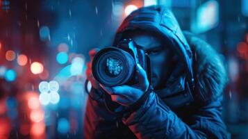A highly detailed scene of a man taking a photo using a camera, with focused lighting highlighting the moment.