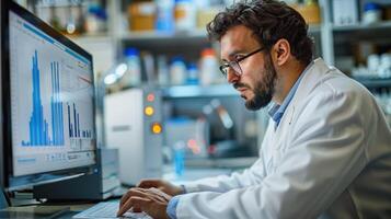 A scientist in a lab coat examines data on a computer screen with graphs and charts, surrounded by laboratory equipment in bright lighting. photo