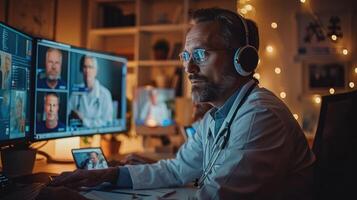 A diverse group of doctors on a conference call, with multiple laptop screens, creating a professional and collaborative atmosphere. photo