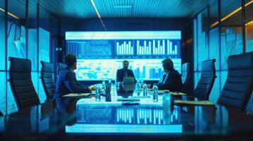 A professional meeting room scene featuring executives in discussion, with documents, graphs, and a large screen displaying charts in cool tones. photo