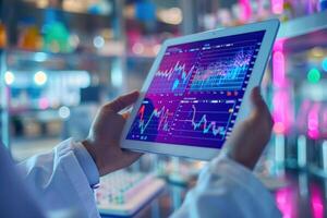 Close-up of a hand holding a tablet displaying clinical trial data with charts and graphs in a lab setting, cool tones. photo