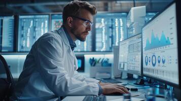 A scientist in a lab coat examines data on a computer screen with graphs and charts, surrounded by laboratory equipment in bright lighting. photo