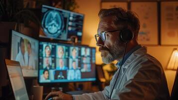 A diverse group of doctors on a conference call, with multiple laptop screens, creating a professional and collaborative atmosphere. photo