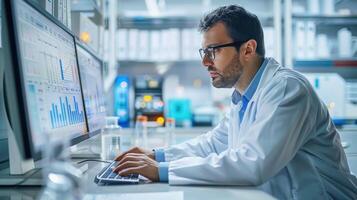 A scientist in a lab coat examines data on a computer screen with graphs and charts, surrounded by laboratory equipment in bright lighting. photo