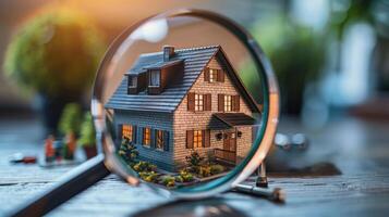 A magnified view of a house with a car and a person in the foreground photo