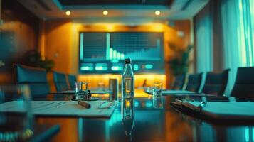 A professional meeting room scene featuring executives in discussion, with documents, graphs, and a large screen displaying charts in cool tones. photo