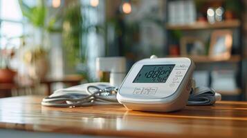 A digital blood pressure monitor on a table with visible numbers, stethoscope nearby, in a bright, professional medical office setting. photo