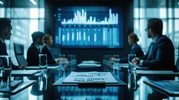 A professional meeting room scene featuring executives in discussion, with documents, graphs, and a large screen displaying charts in cool tones. photo