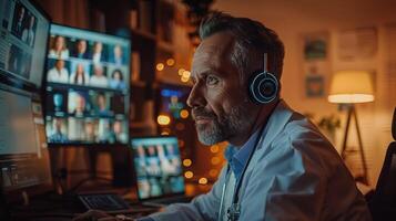 A diverse group of doctors on a conference call, with multiple laptop screens, creating a professional and collaborative atmosphere. photo