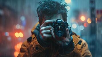 A highly detailed scene of a man taking a photo using a camera, with focused lighting highlighting the moment.