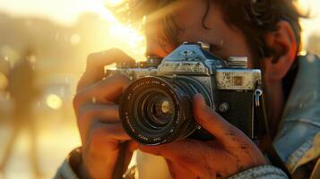 A highly detailed scene of a man taking a photo using a camera, with focused lighting highlighting the moment.
