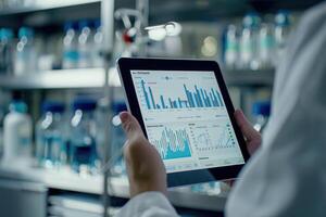 Close-up of a hand holding a tablet displaying clinical trial data with charts and graphs in a lab setting, cool tones. photo