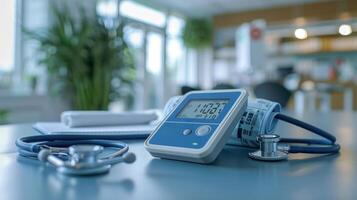 A digital blood pressure monitor on a table with visible numbers, stethoscope nearby, in a bright, professional medical office setting. photo