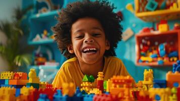 A young boy is playing with a large pile of colorful building blocks photo