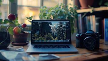 A laptop computer is open on a table with a camera photo