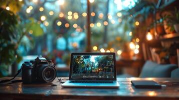 A laptop computer is open on a table with a camera photo