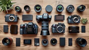 A collection of cameras and lenses are displayed on a wooden table photo
