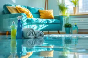 A blue couch sits in a living room with a bottle of Windex photo