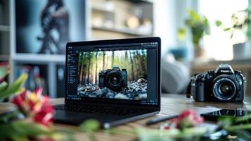 A laptop computer is open on a table with a camera photo